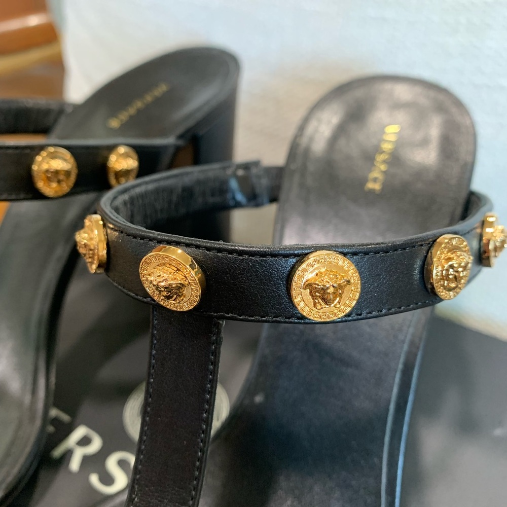 Black Leather Versace Pumps with Gold Medusa Studs